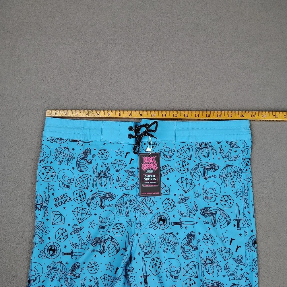 NEW Board Shorts Surf Swim Trunks Men XL Blue Tattoo‎ Biker Pockets Fast Drying